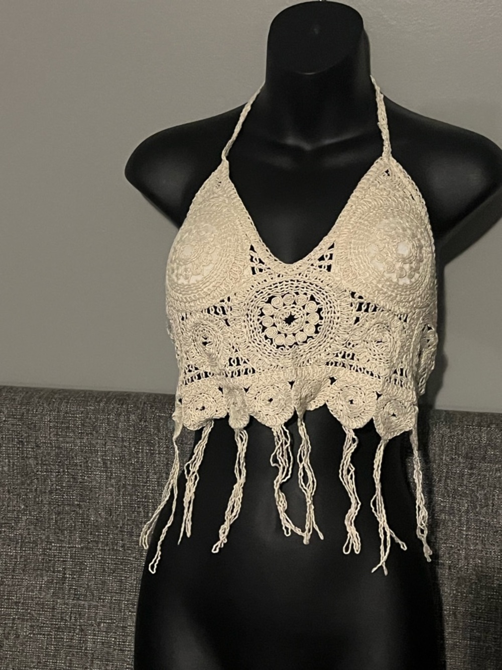SHEIN Cream Crochet Halter Fringe Crop Top